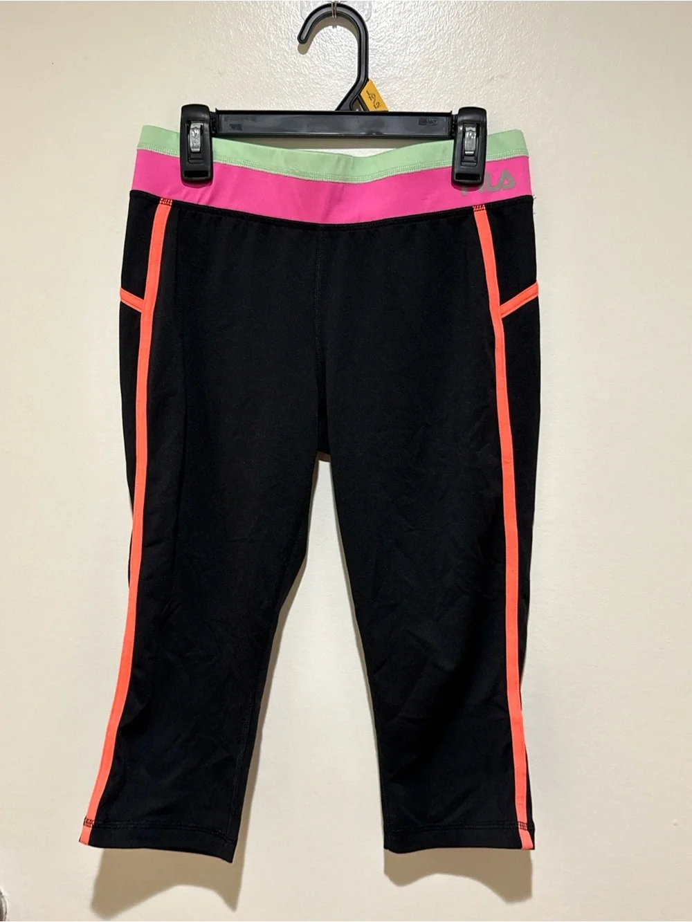 Fila Black Capri Leggings with Pink & Mint Waistband and Coral Piping